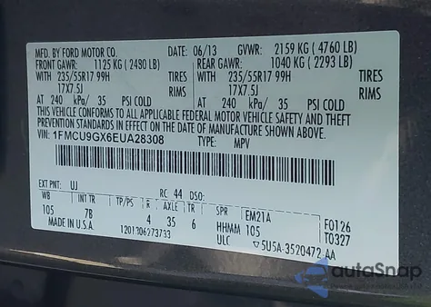 2014 Ford Escape Se z USA, uszkodzony, nr VIN 1FMCU9GX6EUA28308